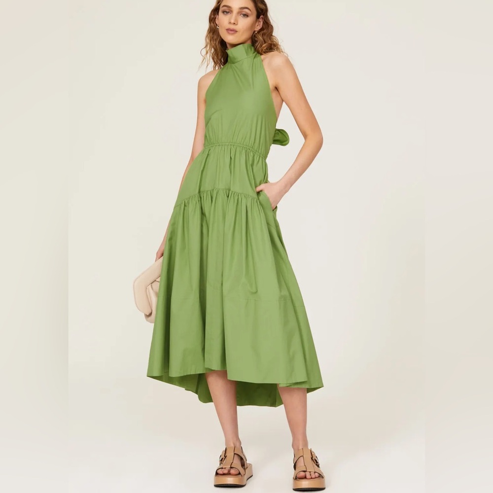Vince Cotton Poplin Draped Neck Halter Midi Dress Green XS